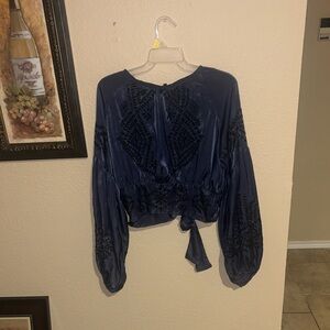 Free People Navy Blue Embroidered Boho Crop Top Bell Sleeve Tie Back Size M